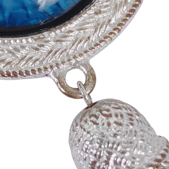 VTG Silver Tone Tassel Necklace Blue Cabochon Rhinestone Long Pendant Bold Retro - Picture 7 of 13